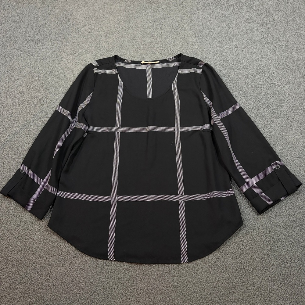 41 Hawthorn Blouse Women Medium Black Grid Print Scoop Neck 3/4 Roll Tab Sleeve